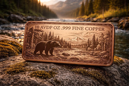 Grizzly Bear Proof AVDP .999 10 Oz Copper Bar Colorized