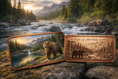 Grizzly Bear Proof AVDP .999 10 Oz Copper Bar Colorized