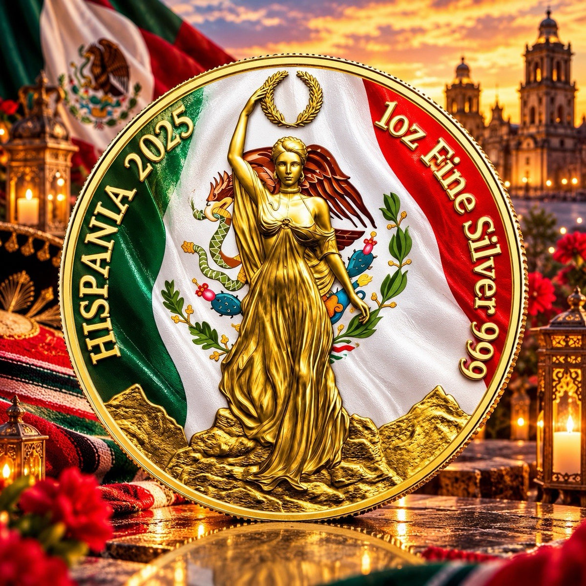 2025 Hispania Hispania Mexican Flag 24k Gold Gilded 1 oz Silver Coin