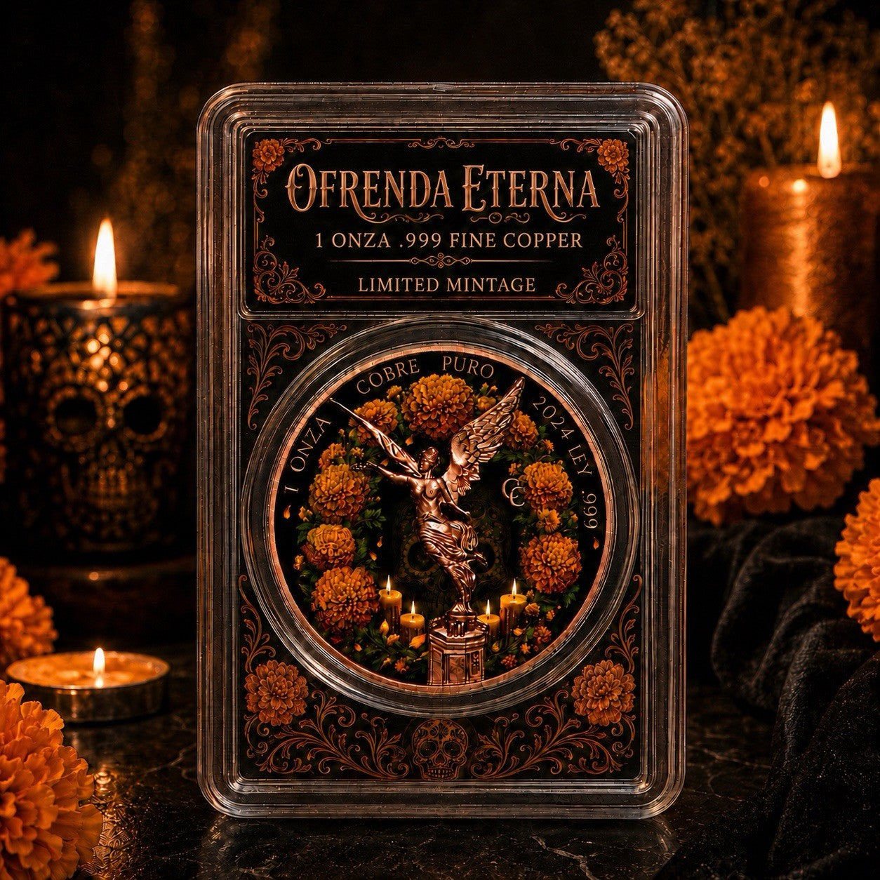 1oz Ofrenda Eterna Dia De Los Muertos Colorized Copper Medal in Slab