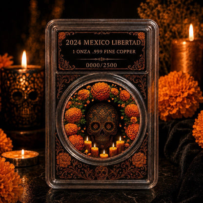1oz Ofrenda Eterna Dia De Los Muertos Colorized Copper Medal in Slab