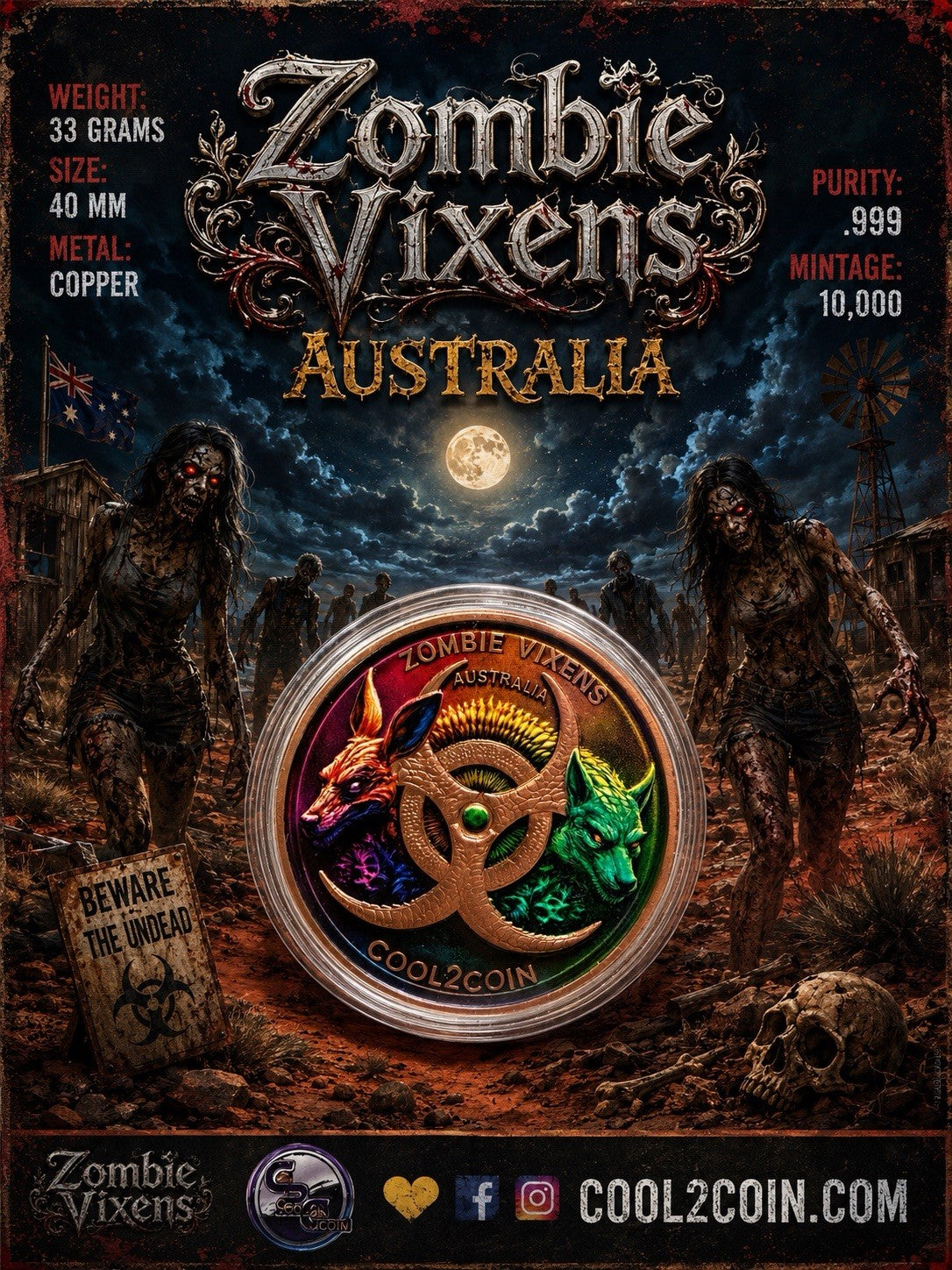 2026 Zombie Vixen Australia 1oz Copper Coin, Colorized Dystopian Design