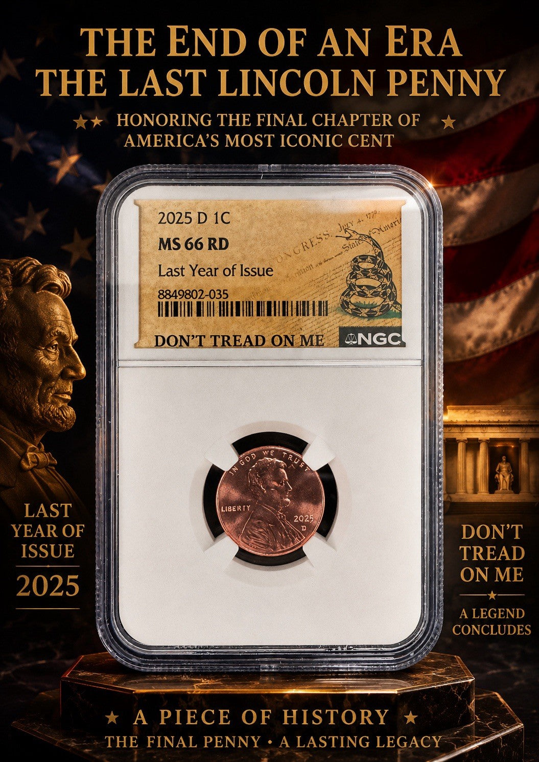 2025-D U.S. Lincoln Cent Last Year of Issue NGC MS 66 RD with Don't Tread Label