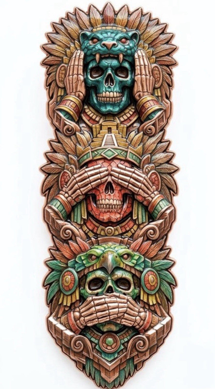 Hear No Evil, See No Evil, Speak No Evil Aztec Totem Shaped 3oz Copper