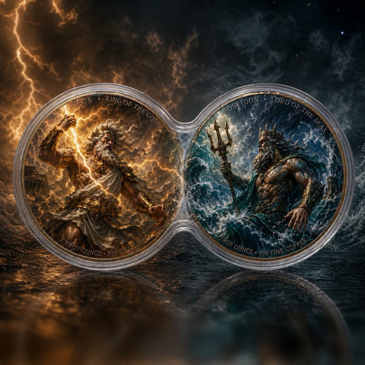 2 x 1 oz Zeus vs Poseidon Colorized .999 Copper Rounds in Infinity Capsule