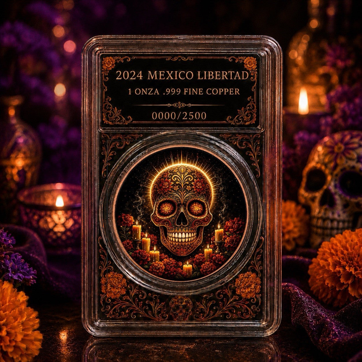 1 oz La Catrina Dia De Los Muertos Colorized Copper Medal in Slab