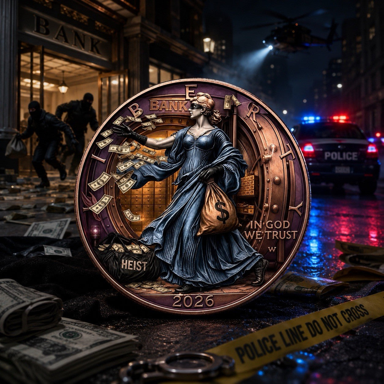2026 Liberty Heist 1 oz .999 Copper Coin - Lady Liberty Bank Robber Design