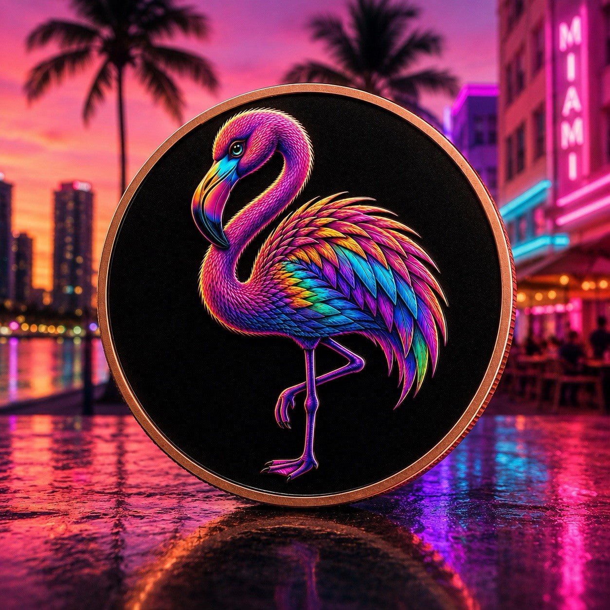 Mystic Night Neon Flamingo Colorized 5 oz Copper Round