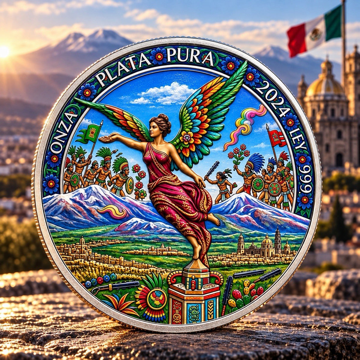 2024 Mexico Aztec Flower Wars 1 oz Colorized Silver Coin