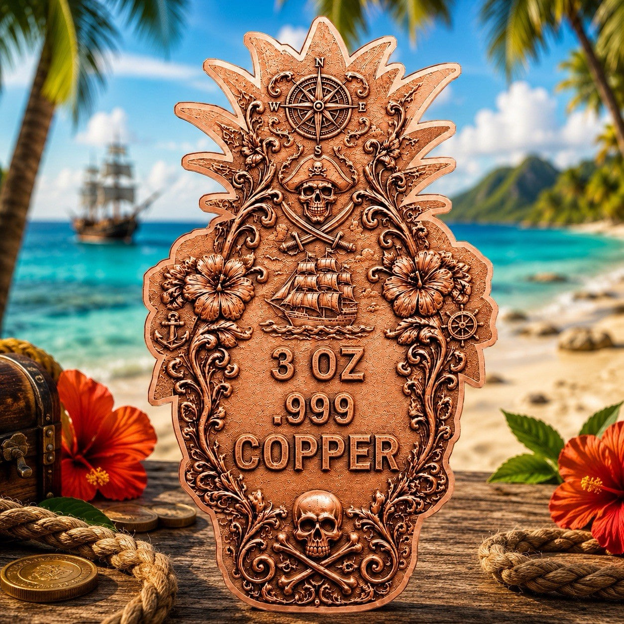 Pineapple Pirate Shaped 3 oz Copper Medal