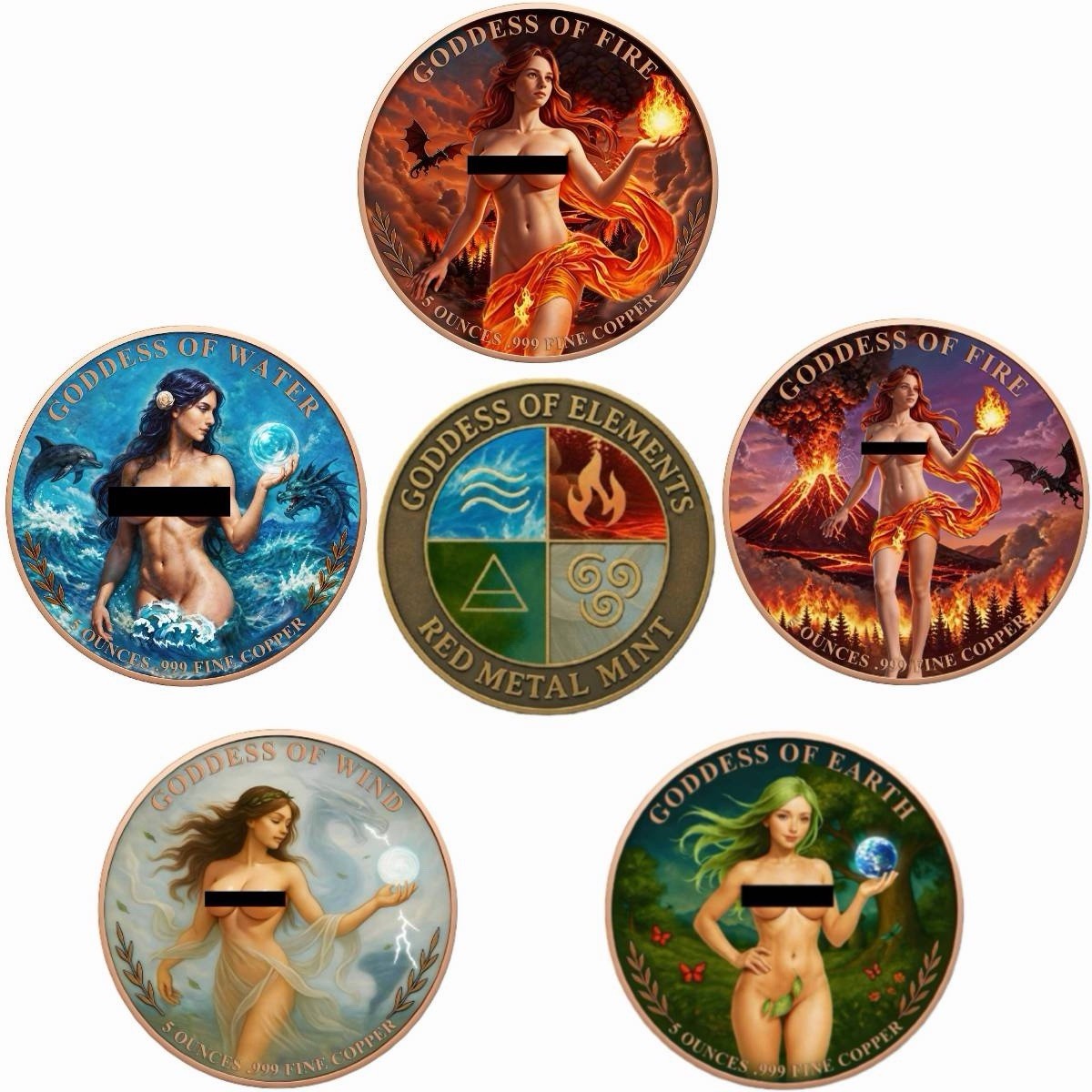 Goddess of Elements Colorized 5 oz Copper Round Set Of 6