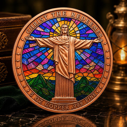 Stained Glass Christ the Redeemer Colorized 5 oz Copper Medal