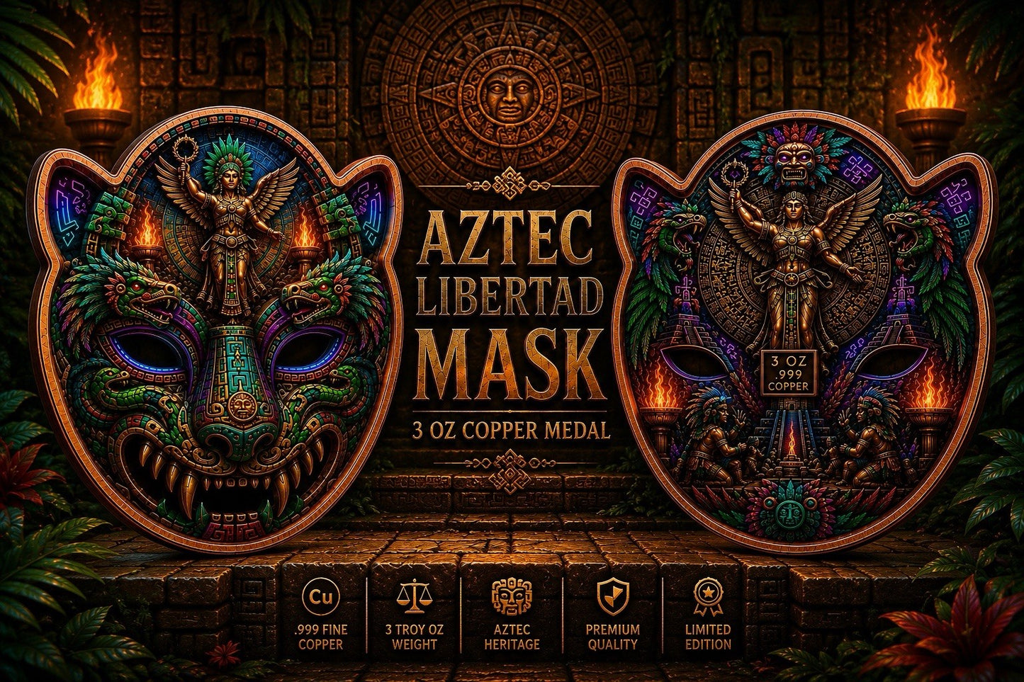 Aztec Libertad Mask Shaped 3 oz Copper Medal