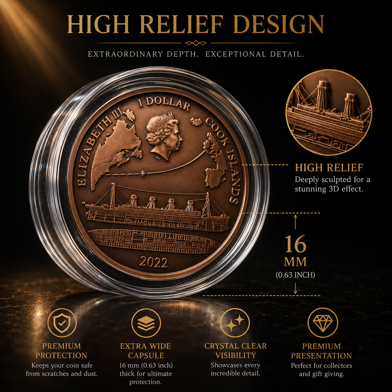 2022 50 gram Titanic High-Relief Copper Coin (BU in Capsule) From CIT Mint Ultra