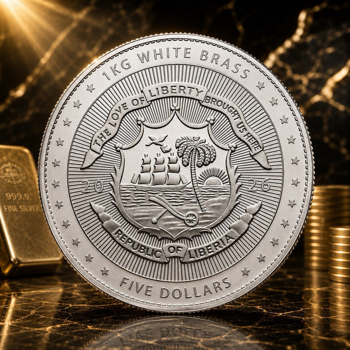2026 Liberia Flowing Hair 1 Kilo White Brass Coin