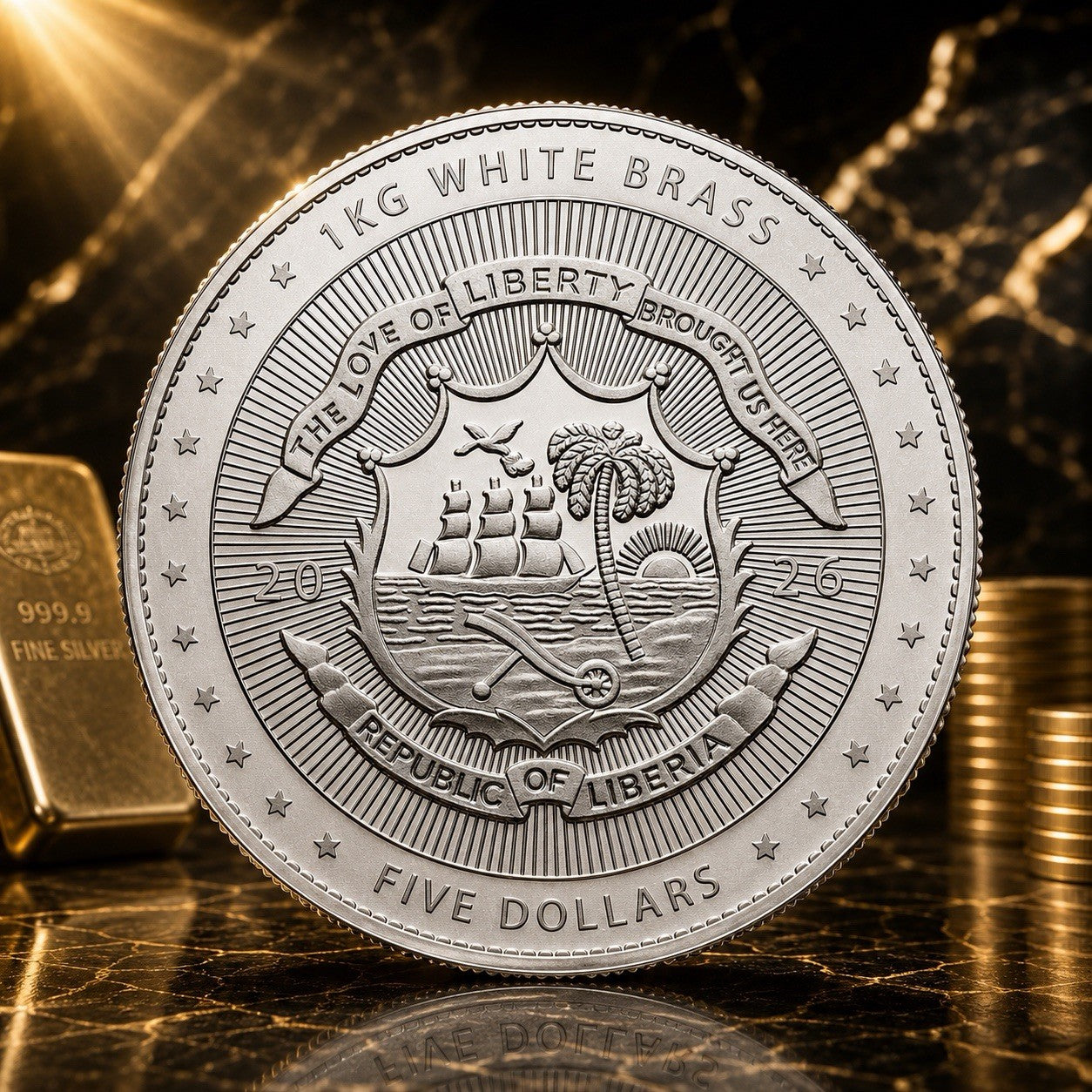 2026 Liberia Flowing Hair 1 Kilo White Brass Coin